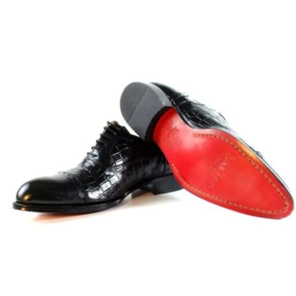 Italian Handmade Men\'s Shoe / Ali Half Crocodile Printed Black With Red Sole main image 5